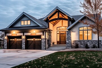 Sophisticated and Alluring: A Brand New Residence with a Three-Car Garage, Light Gray Siding, and Natural Stone Pillars, generative AI