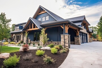 Avant-Garde Three-Car Garage Dwelling with Captivating Aesthetic and Natural Stone Accents in Dark Blue Siding, generative AI