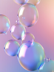 Transparent soap bubbles floating on blue pink gradient background. Created with Generative AI technology