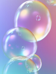 Transparent soap bubbles floating on iridescence gradient background. Created with Generative AI technology