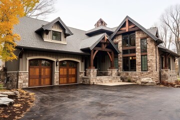 Avant-garde Aesthetic: Three-Car Garage Dwelling with Natural Stone Accents and Brown Siding, generative AI