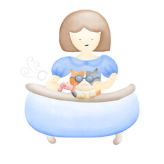 A girl blows fur to a cat in the bathtub