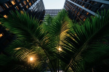 Fototapeta na wymiar Palm leaves front skyscraper tourism. Generate Ai