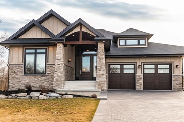 Modern Double Garage Home with Natural Stone Accents and Beige Siding: A Deluxe New Construction, generative AI
