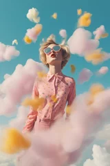 Foto op Canvas A young, beautiful girl who is in the clouds, thick white clouds on clear blue sky. A symbol of happiness, joy and freedom, a cute girl in a pastel outfit. Generative AI. © Uncanny Valley