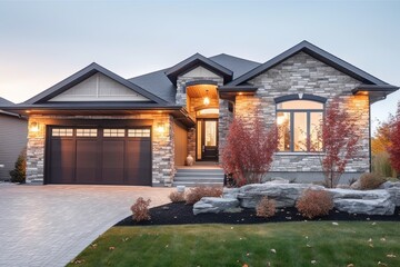 Fototapeta na wymiar Modern Deluxe Home with Double Garage and Natural Stone Embellishments on Beige Siding, generative AI