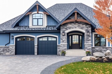 Double Garage and Natural Stone Embellishments: Discover the Modern Design of a Newly Constructed Deluxe Home with Light Blue Siding, generative AI