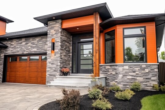 Modern Deluxe Home with Double Garage and Natural Stone Embellishments in Distinct Orange Hue, generative AI