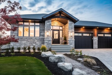 Fototapeta na wymiar Newly Constructed Deluxe Home with Modern Design, Double Garage, Gray Siding, and Natural Stone Embellishments, generative AI