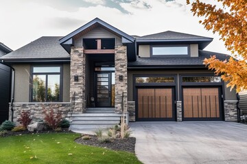 Fototapeta na wymiar Modern Deluxe Home with Double Garage, Bronze Siding and Natural Stone Embellishments, generative AI