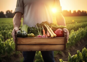 Man holding a basket full of freshly harvested vegetables in the garden. Generative Ai