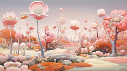 surreal flowers landscape, pastel colours, generative ai