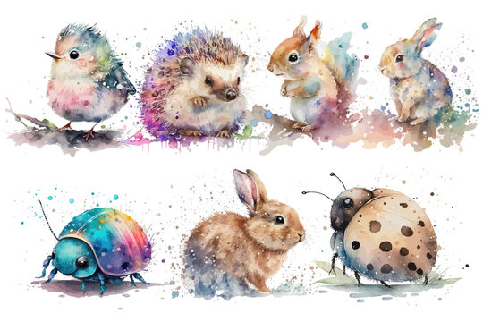 Safari Animal set squirrel, hare, bird, rabbit, hedgehog, beetle in watercolor style. Isolated vector illustration