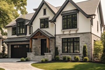 Fototapeta na wymiar Cutting-Edge Styling & Two-Car Garage Highlight Distinguished New Development Property with Light Gray Siding & Natural Stone Staircase, generative AI