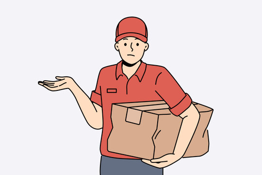 Distressed deliveryman with damaged cardboard box in hands. Unhappy confused courier or messenger with bad parcel order. Delivery service. Vector illustration. 