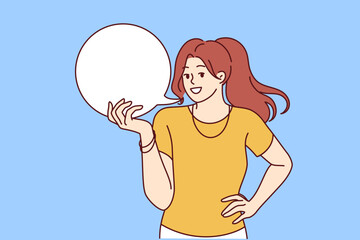 Woman is holding white speech bubble symbolizing good idea or interesting offer. Girl with empty dialogue cloud is happy to share idea, calling for joint discussion of important issue.