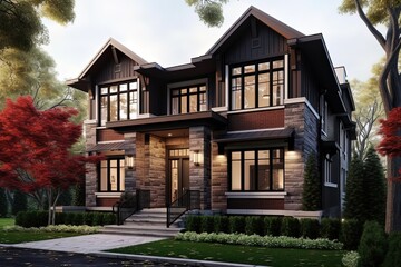 Fototapeta na wymiar Cutting-Edge Styling and Natural Stone Staircase Complement Burgundy Siding in Distinguished New Development Property with Two-Car Garage., generative AI