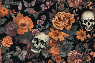 Halloween skulls and flowers pattern, Halloween floral decoupage pattern, Generative AI