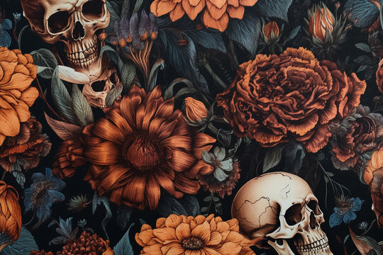 Halloween skulls and flowers pattern, Halloween floral decoupage pattern, Generative AI