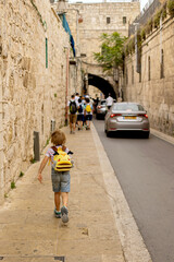 European tourist family, visiting Jerusalem, meeting new culture