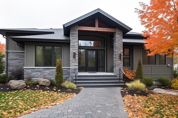 Double Garage Enchanting House with Sleek Styling and Natural Stone Porch, generative AI