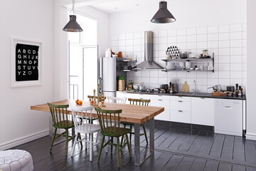 Apartment interior with kitchen 3d.