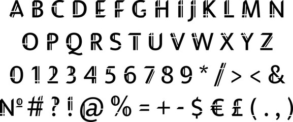 Geometric cut sans serif alphabet set. Vector decorative typography. Decorative typeset style. Latin script for headers. Trendy letters and numbers for graphic posters, banners, invitations texts