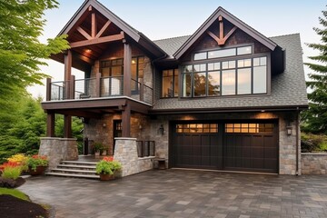 Sleek Styling and Double Garage: Enchanting New Home with Gray Siding and Natural Stone Porch, generative AI