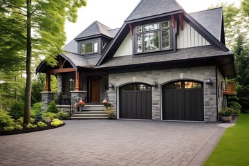 Fototapeta na wymiar Double Garage and Green Siding: A Stunning, Recently Built Home with a Natural Stone Porch, generative AI