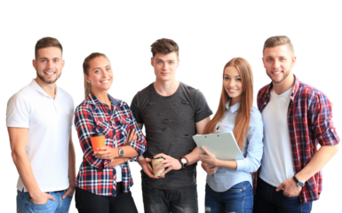 Group portrait of happy young peoples on a transparent background