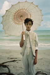 Cute kid in an old fashioned, renaissance pompous suit and umbrella for a ball on the beach on a hot summer day on the seashore. Generative AI.