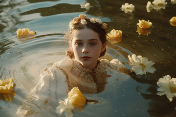 A cute little girl swimming in a lake full of fresh spring flowers, a child in warm water on a sunny day. Vintage portrait. Generative AI.