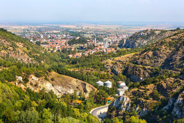 Fototapeta na wymiar Asenovgrad town panoramic aerial view in Bulgaria