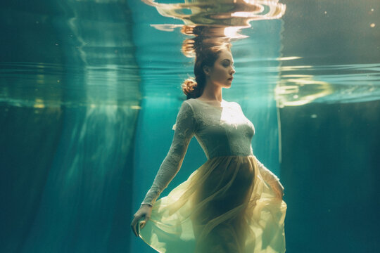 A romantic beautiful young girl in a white long elegant dress swims underwater like a mermaid. The girl in the water. Generative AI.