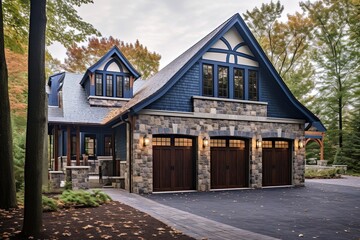 Fototapeta na wymiar Exquisite New Construction Property with Sophisticated Design and Three-Car Garage Featuring Dark Blue Siding and Natural Stone Pillars, generative AI