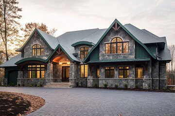 Fototapeta na wymiar Exquisite New Construction Property with Sophisticated Design and Three-Car Garage Featuring Dark Green Siding and Natural Stone Pillars, generative AI