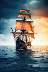 Obraz premium old pirate ship or caravel sailing. generative ai