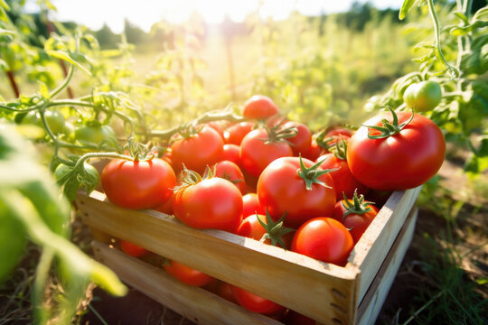tomatoes box in tomato field. agriculture. generative ai