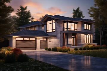 Sophisticated Design Meets Exquisite Coral Siding in Stunning Three-Car Garage New Construction Property Featuring Natural Stone Pillars, generative AI