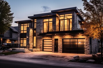 Cutting-Edge Architecture and Natural Stone Cladding Highlight Imposing Brand New Residence with Dark Green Siding and Single Car Garage, generative AI