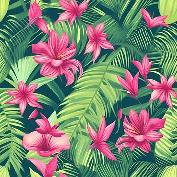 seamless floral pattern, tropical leaves and flowers. Generative AI, Generative, AI