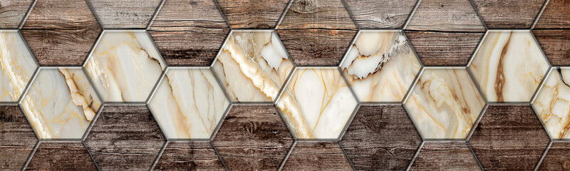 Hexagonal vintage wood tiles with onyx marble tiles through the middle