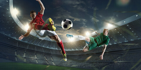 Dynamic image of competitive, motivate football players in a jump, kicking ball during game at 3D...