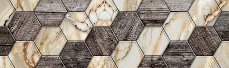 Onyx marble hexagonal tiles with dark wood diagonal flooring