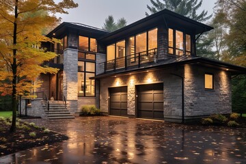 Obraz premium Cutting-Edge Architecture Meets Natural Stone Cladding in Imposing Gray Sided Home with Single Car Garage, generative AI