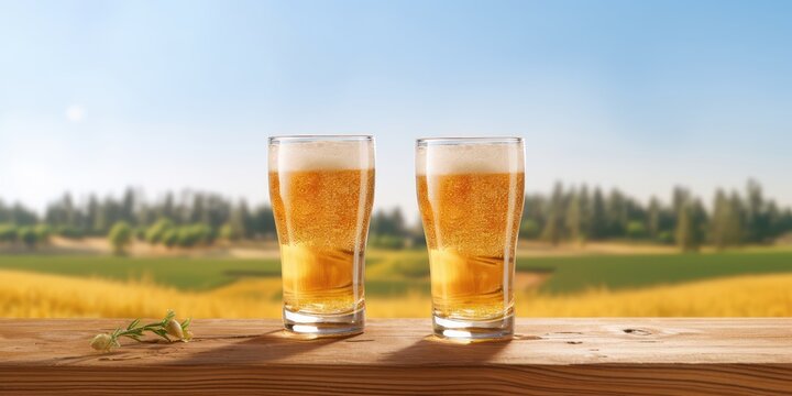 Glass of Beer on Blur Field Background, International Beer Day Celebration. Generative Ai