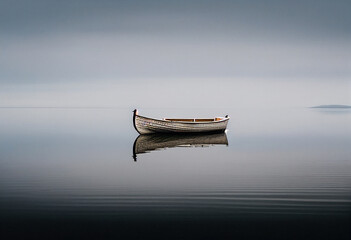 a solitary boat on a serene lake, under a clear sky, representing peace and simplicity.in style of minimalism. underscoring the calming simplicity and the quiet beauty of the Nature