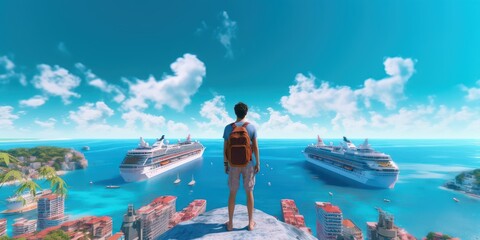Man Standing In Front Of Sea, Travel Around the World Background. Generative Ai