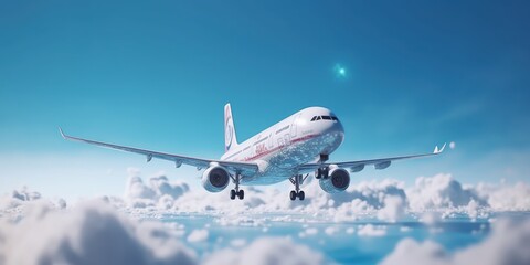 Fototapeta premium Air Plane Flying on The Blue Sky, Travel Around the World Background. Generative Ai