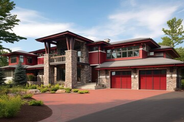Fototapeta premium Contemporary Flair and Natural Stone Features Compliment Impressive New Build House with Red Siding and Four-Car Garage, generative AI
